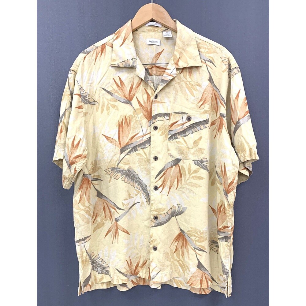 Vintage Van Heusen Hawaiian Silk Button-up Camp Shirt XL Yellow Tropical Beach